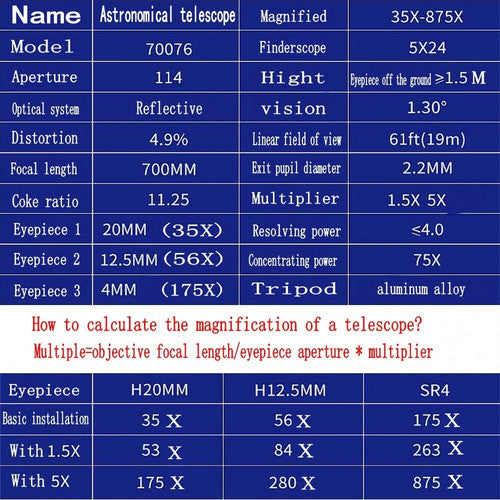 Pro Astronomical Telescope 114mm Aperture 875X Zoom HD High Resolution
