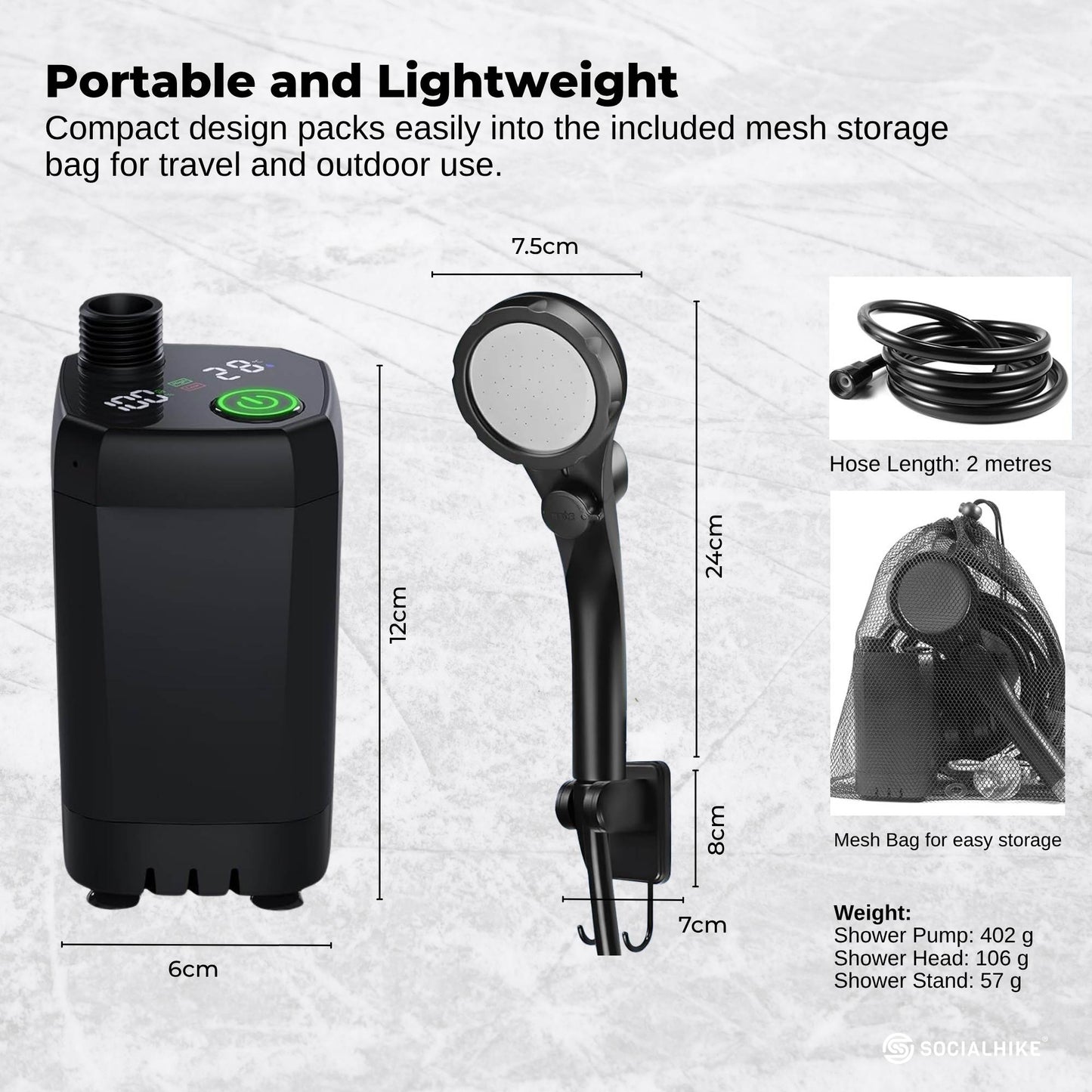Portable Camping Shower Kit - 6000MAh Rechargeable Pump LED