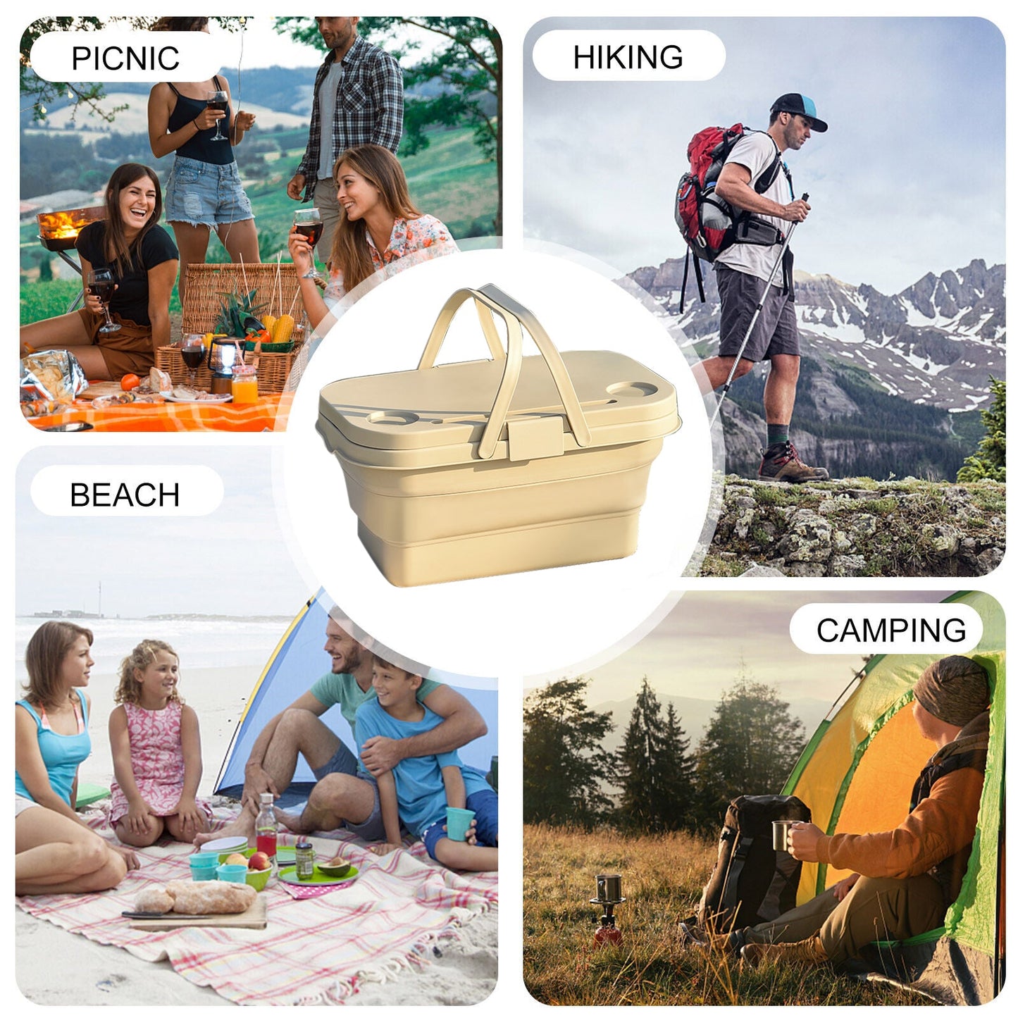 3 In 1 Folding Camping Storage Picnic Basket - Beige
