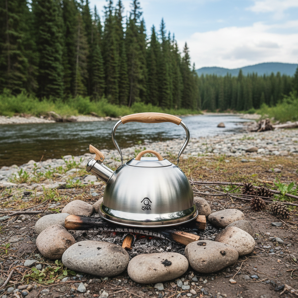 Whistling Stainless Steel Kettle w Foldable Handle for Camping