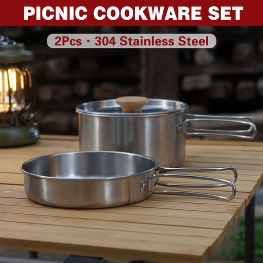 Stainless Steel Camping Pot Pan Set - Folding Handles