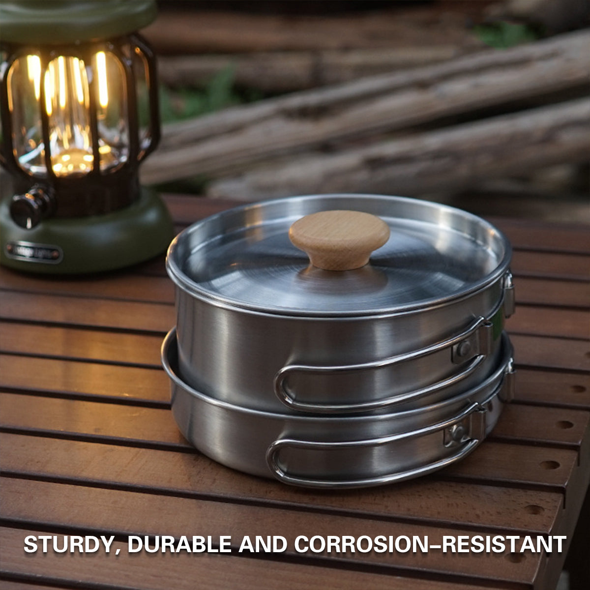 Stainless Steel Camping Pot Pan Set - Folding Handles