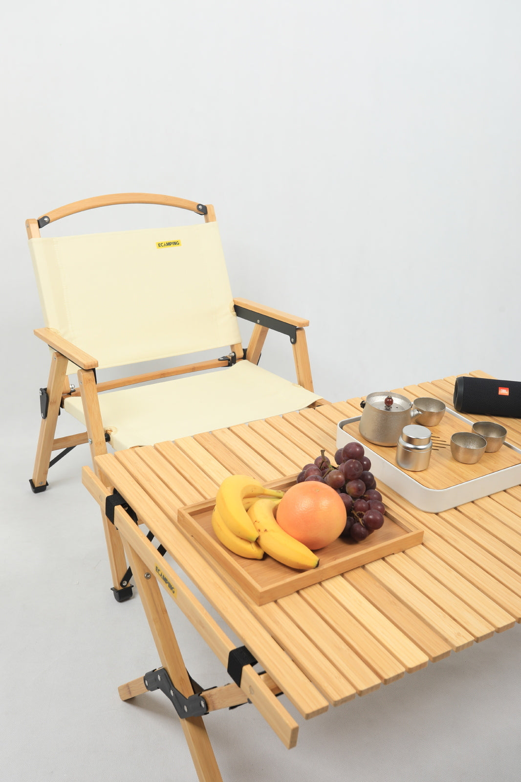 Bamboo Canvas Foldable Camping Chair - Khaki/Beige