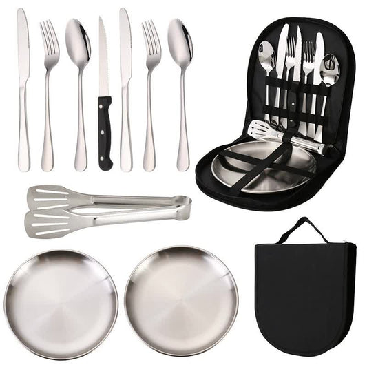 Stainless Steel Camping Cutlery Set w Plates & Bag