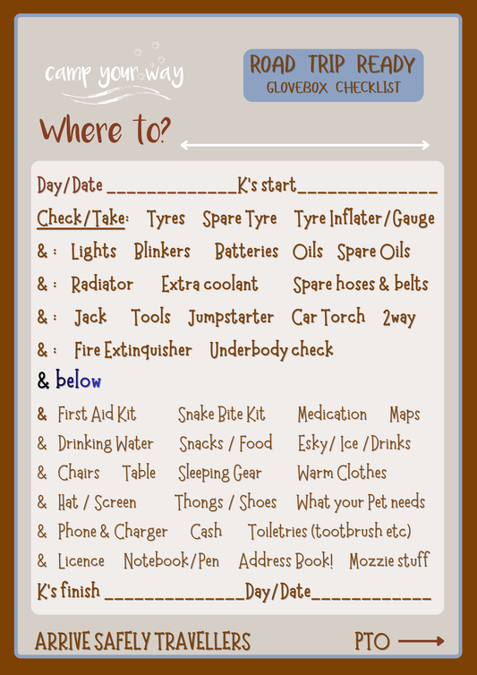 Road Trip Ready glovebox checklist - x 3 PAPER COPIES & Digital Version