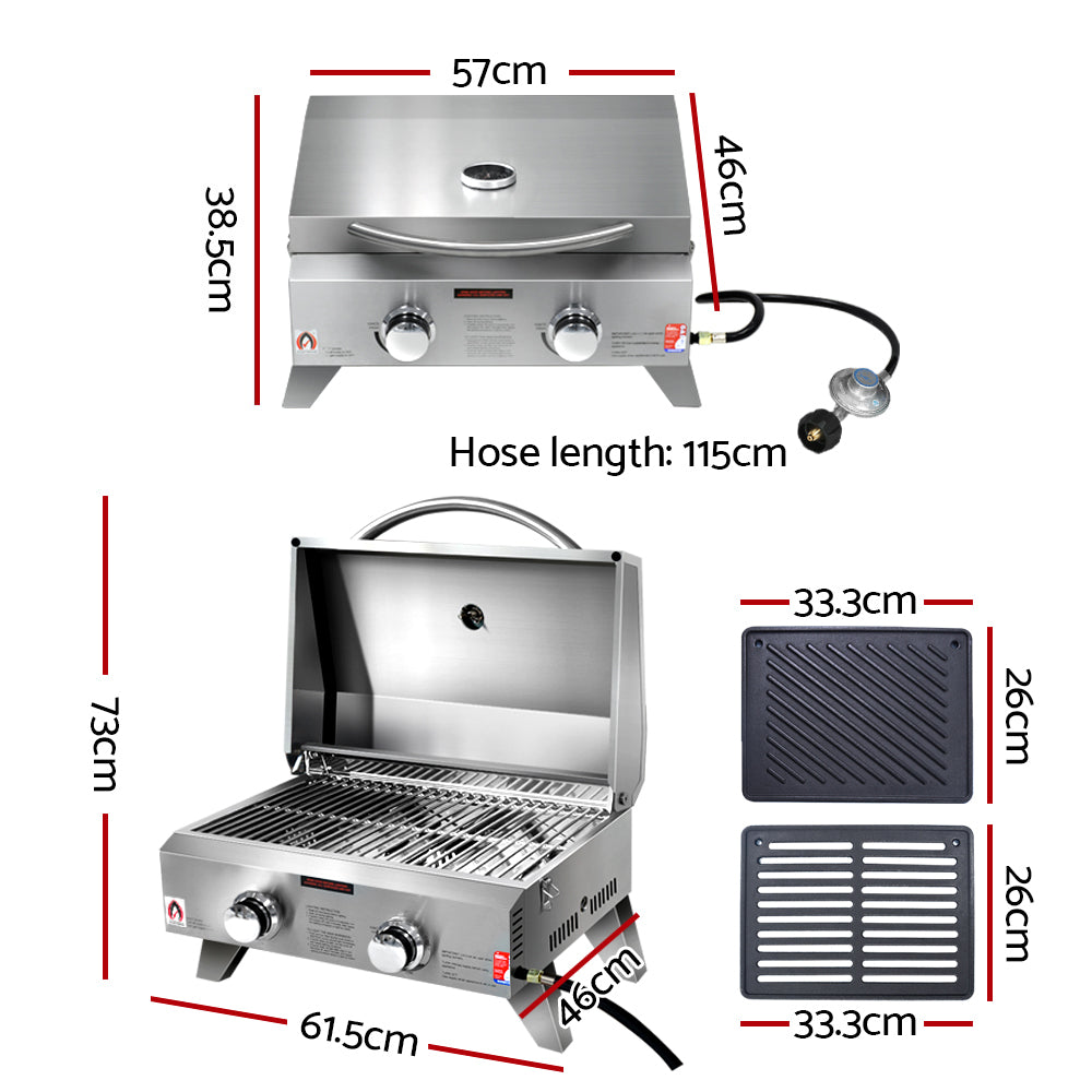 Grillz Portable Gas BBQ Grill 2 Burners w 2 Plates
