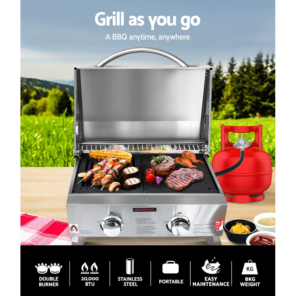 Grillz Portable Gas BBQ Grill 2 Burners w 2 Plates