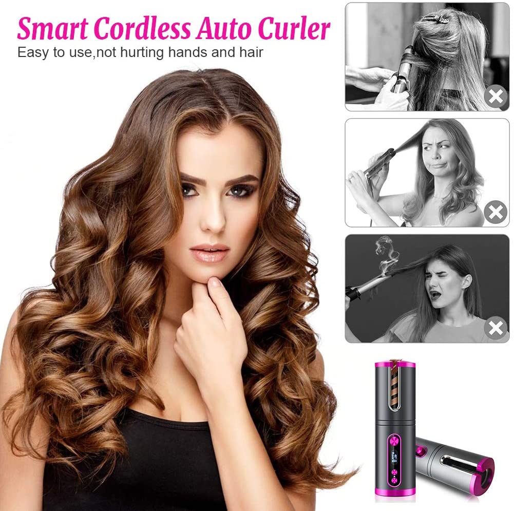 Travel Rechargeable Hair Curler LED Display - Pink