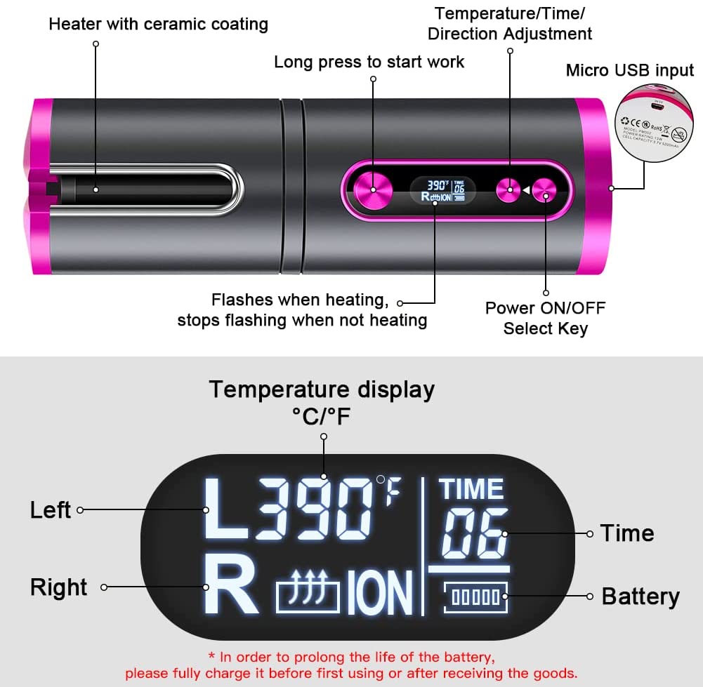 Travel Rechargeable Hair Curler LED Display - Pink