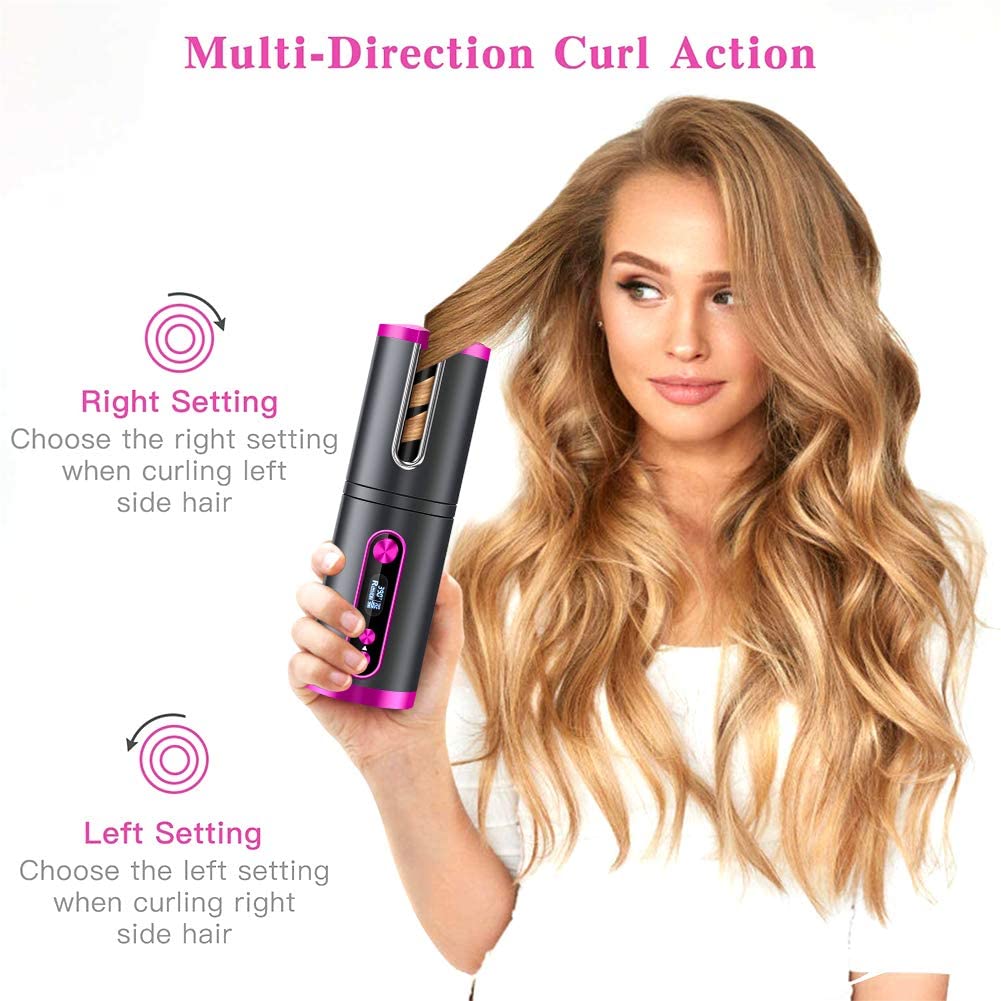 Travel Rechargeable Hair Curler LED Display - Pink