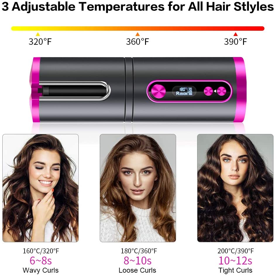 Travel Rechargeable Hair Curler LED Display - Pink