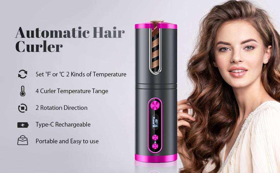 Travel Rechargeable Hair Curler LED Display - Pink