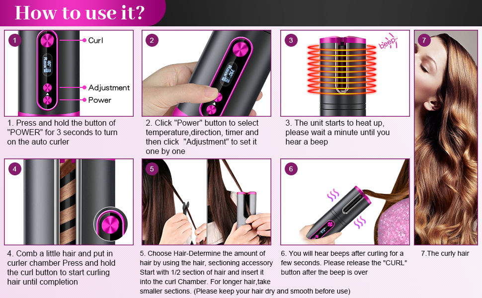 Travel Rechargeable Hair Curler LED Display - Pink
