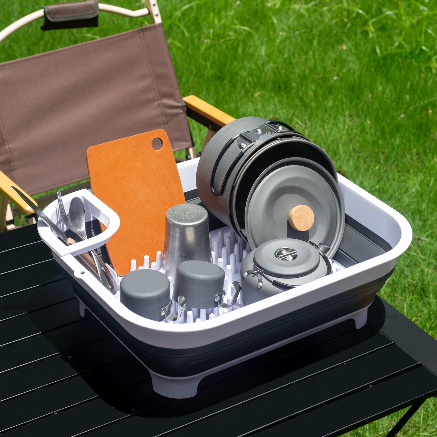 Collapsible Camping Dish utensil drying rack with plug