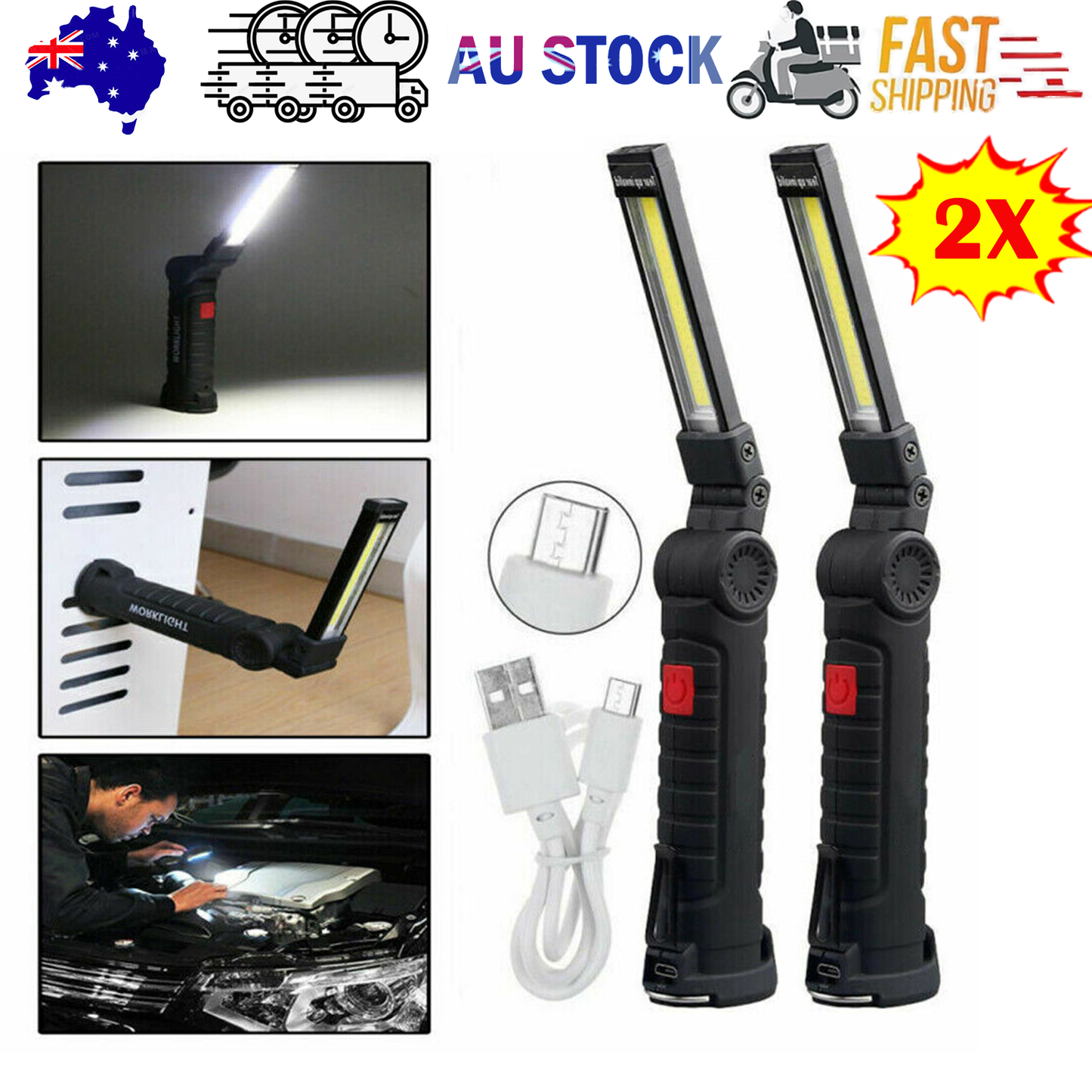 Portable Rechargeable COB LED Work Lights x2