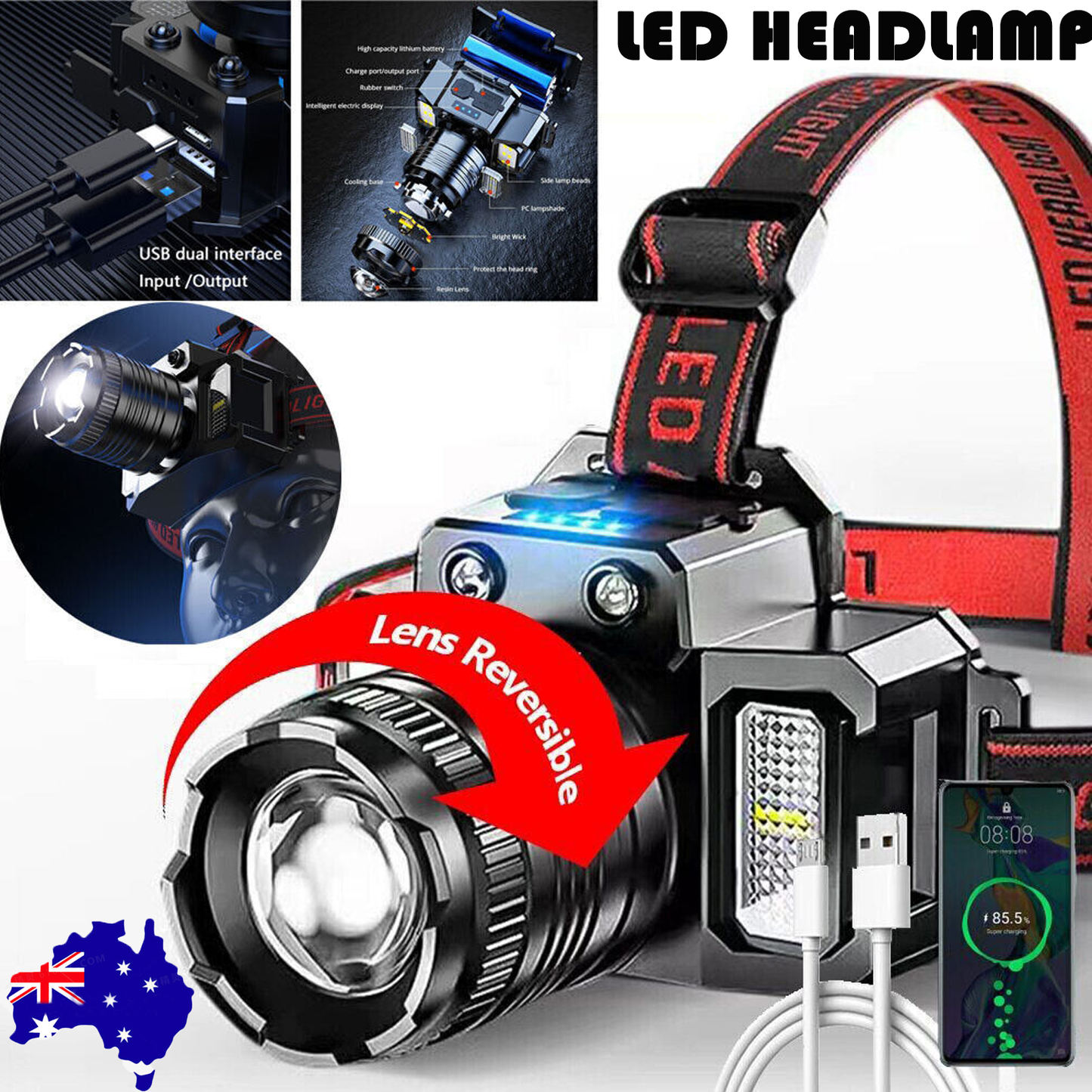LED Headlamp Rechargeable Headlight Flashlight
