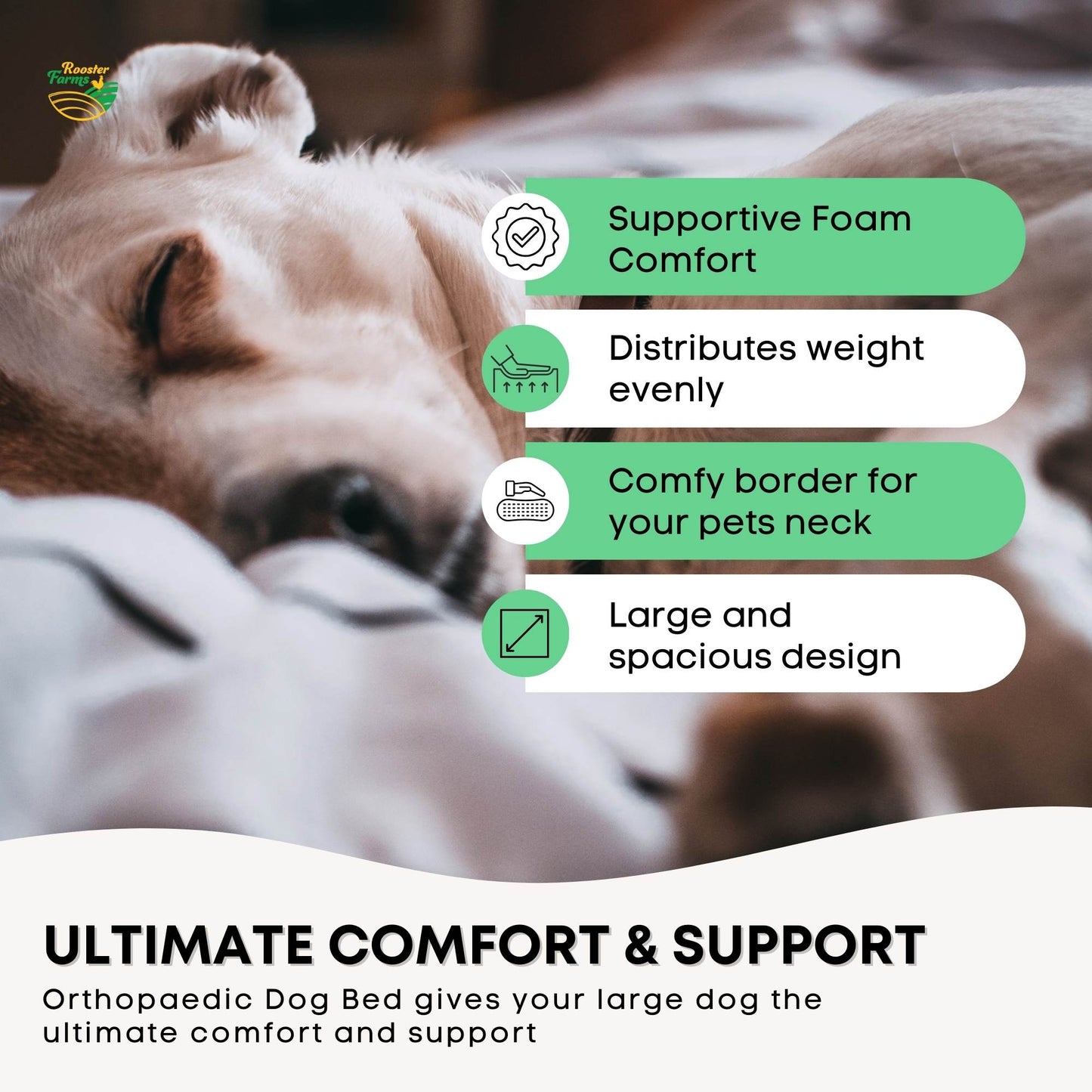 Rooster Farms Supportive Dog Bed XL Grey - Egg Crate Foam Waterproof Mattress