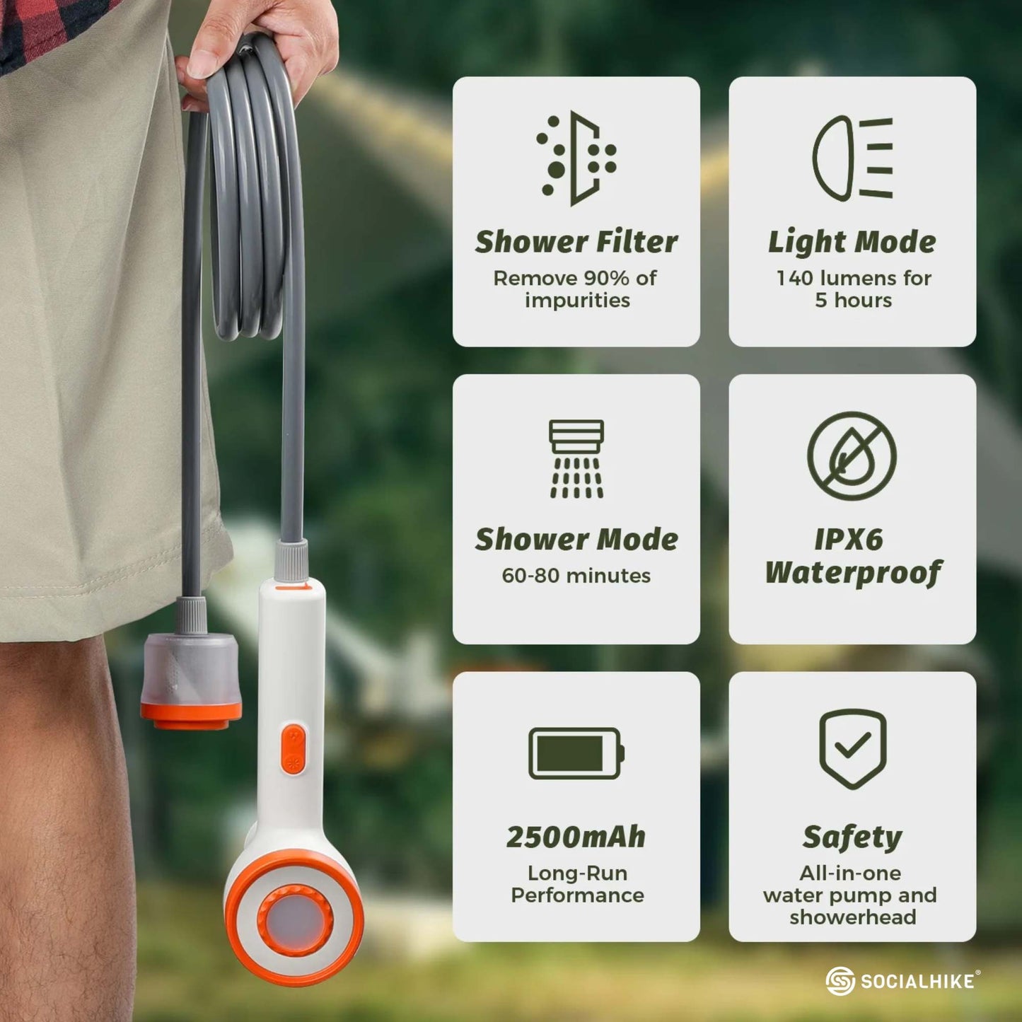 Portable Camping Shower Head - Rechargeable & LED light