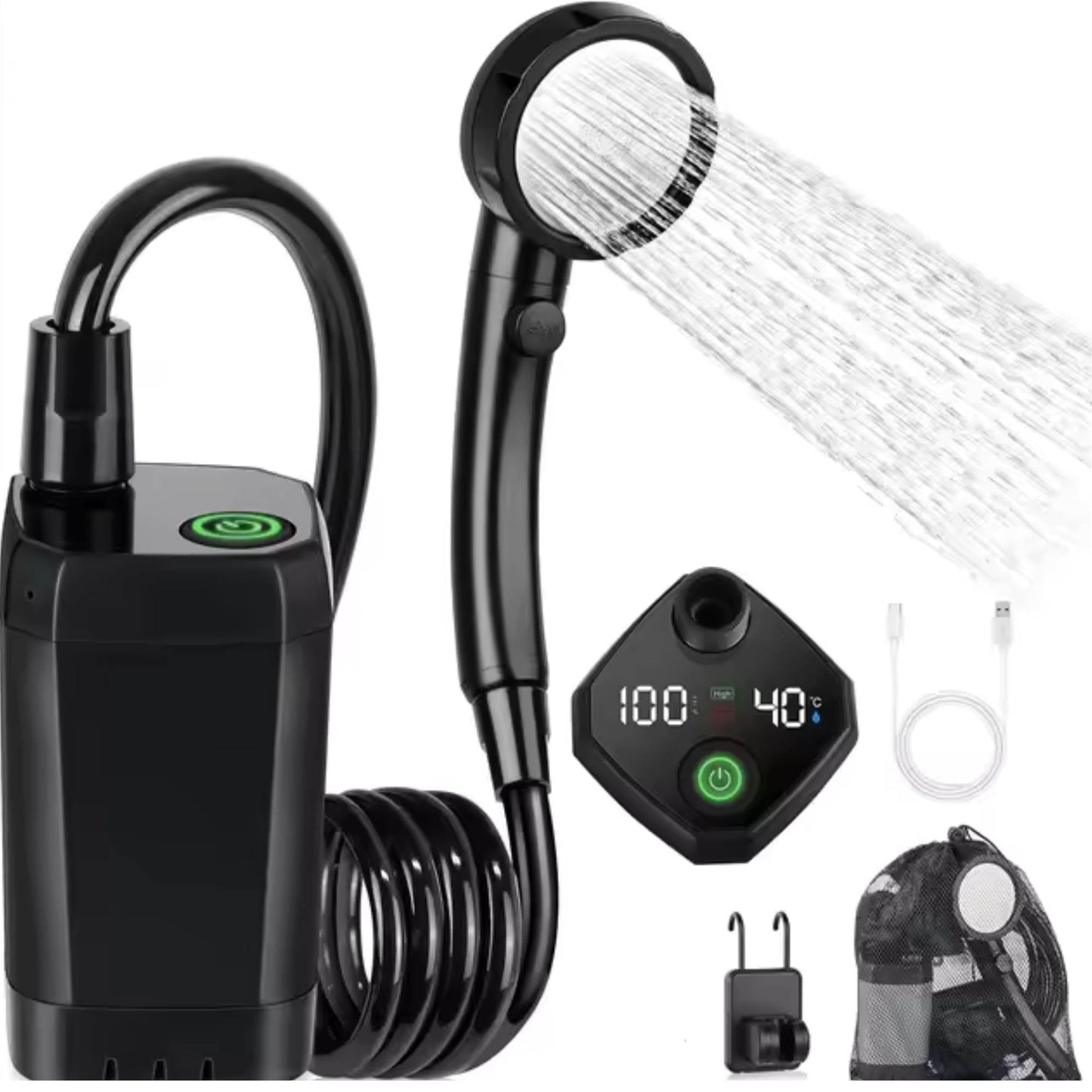 Portable Camping Shower Kit - 6000MAh Rechargeable Pump LED