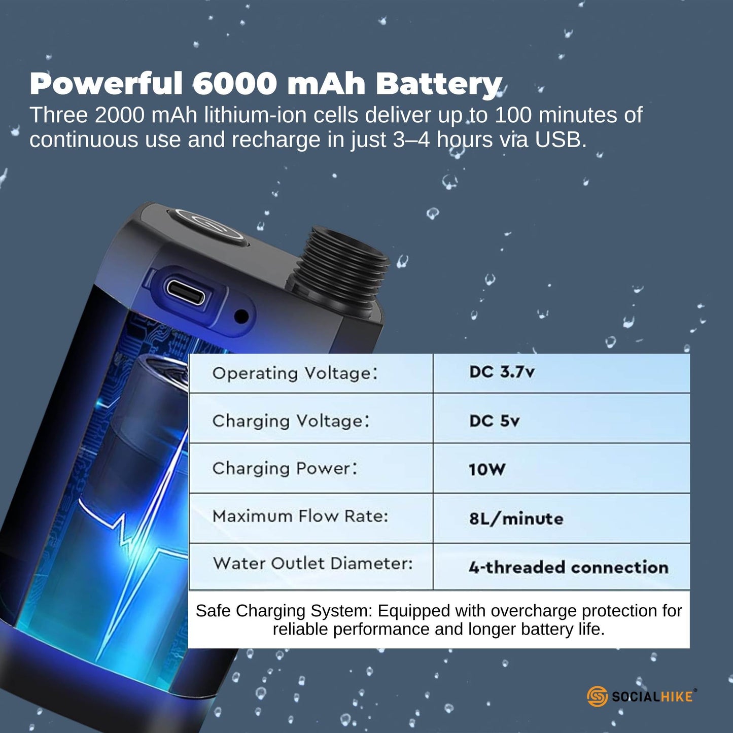 Portable Camping Shower Kit - 6000MAh Rechargeable Pump LED