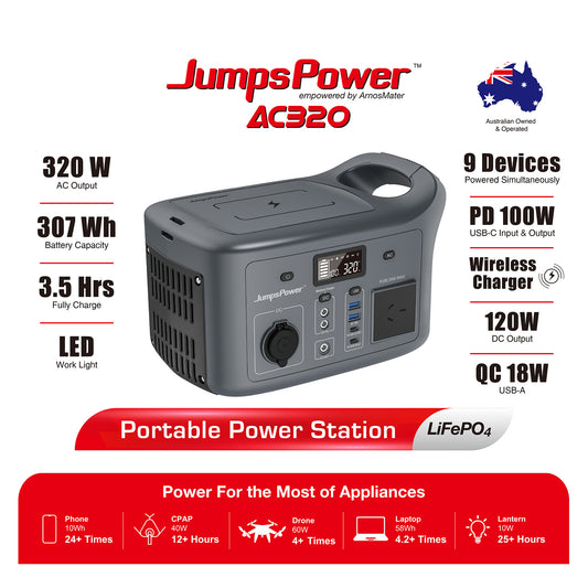 JumpsPower 320W Portable Power Station Battery Charger LED Light