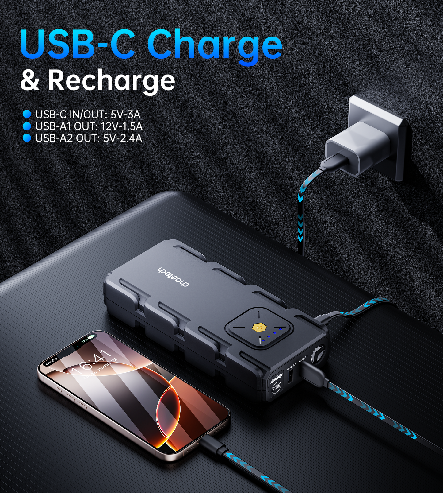 Portable Car Jump Starter 16000MaH with Emergency Light