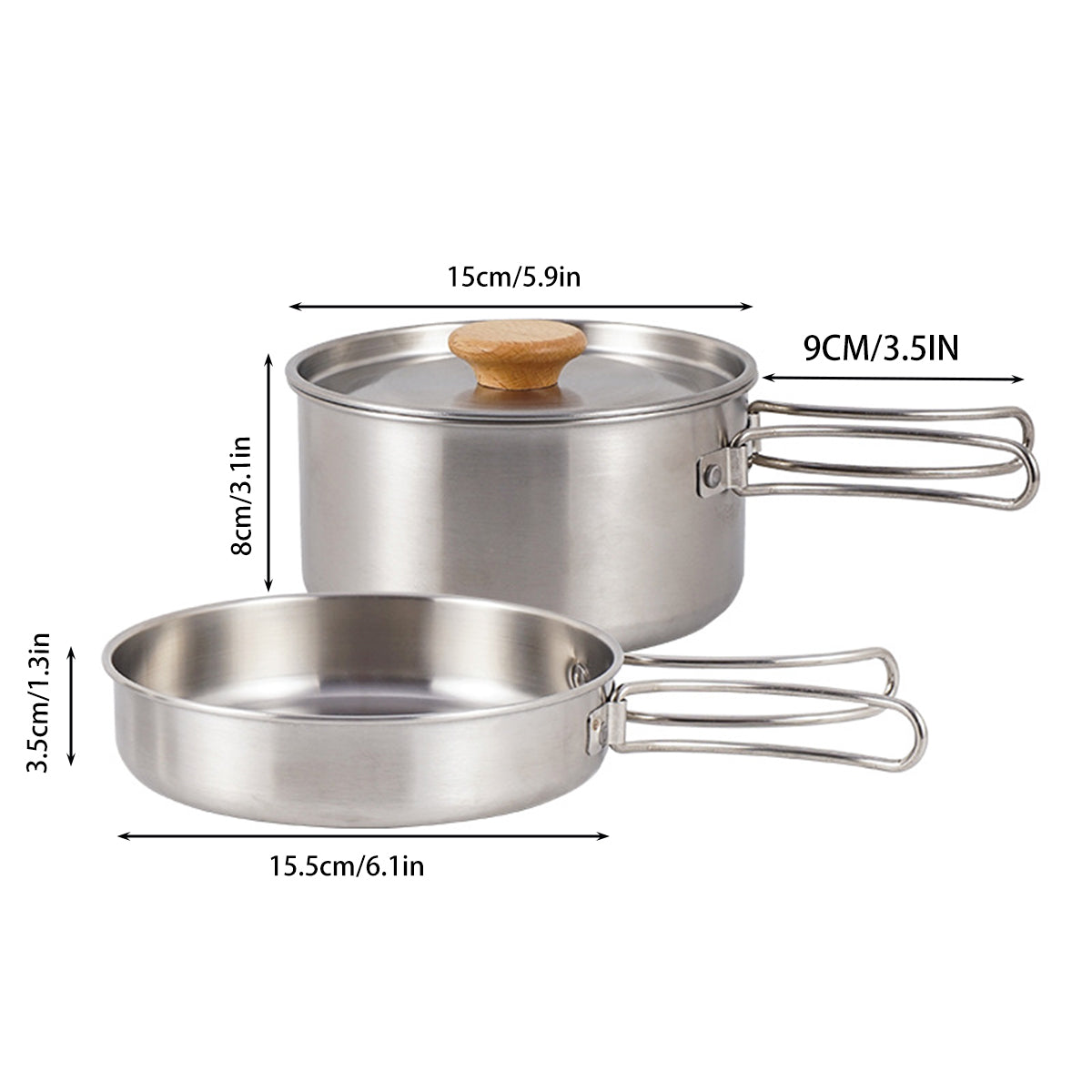 Stainless Steel Camping Pot Pan Set - Folding Handles