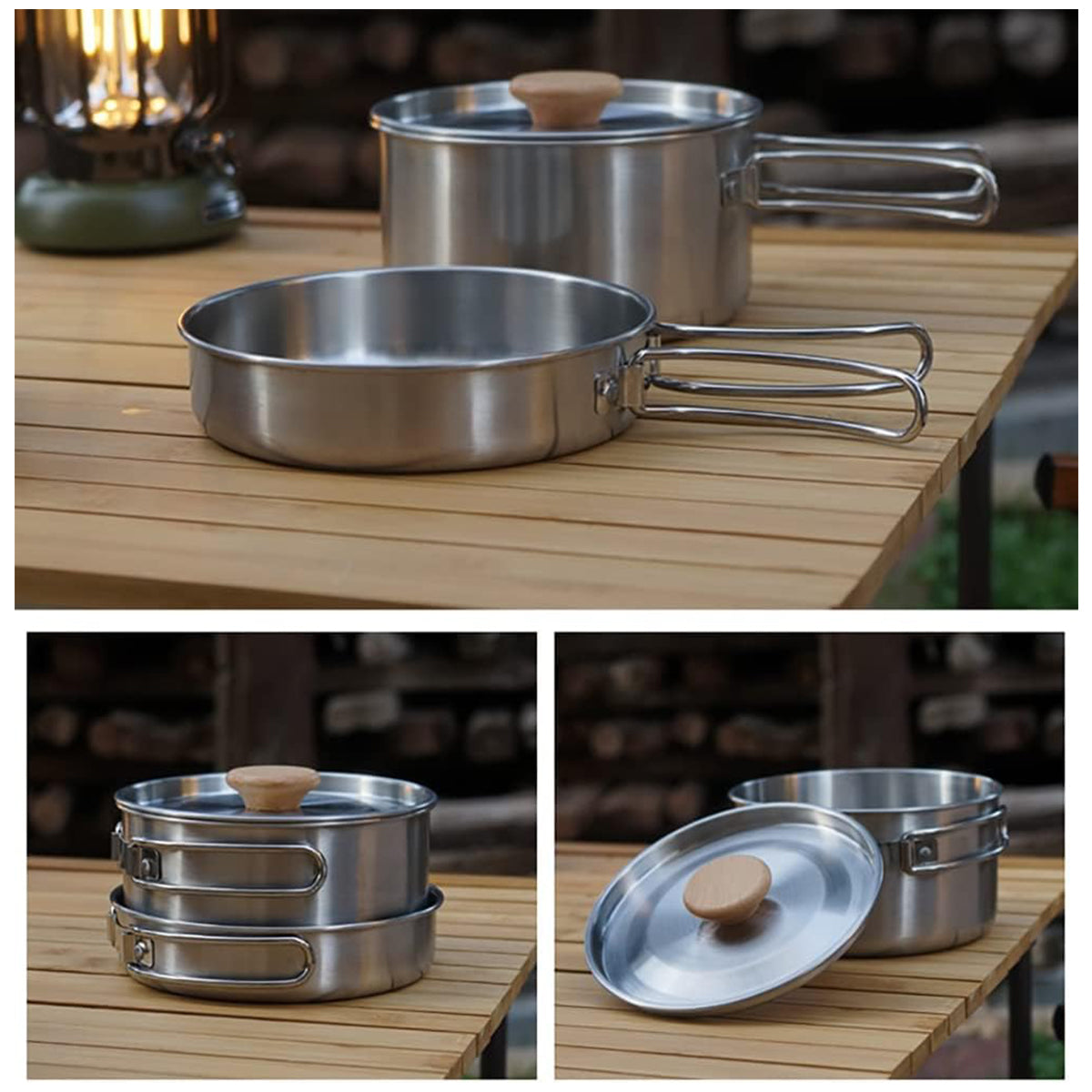 Stainless Steel Camping Pot Pan Set - Folding Handles