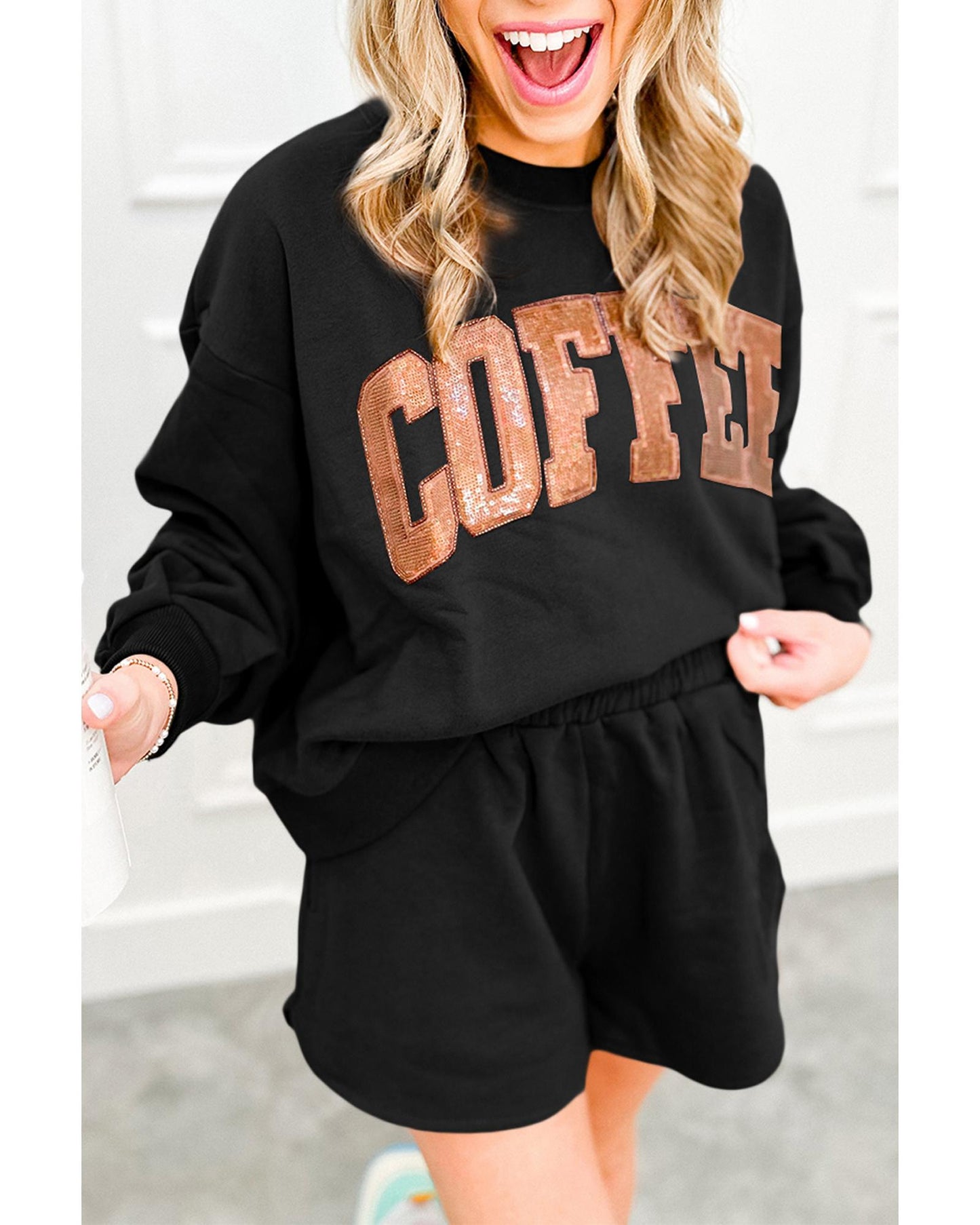 Coffee at Camp - Fun Sequined Sweatshirt & Shorts - M Black