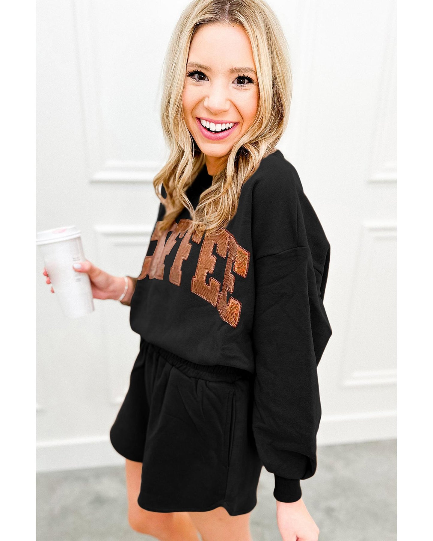 Coffee at Camp - Fun Sequined Sweatshirt & Shorts - M Black