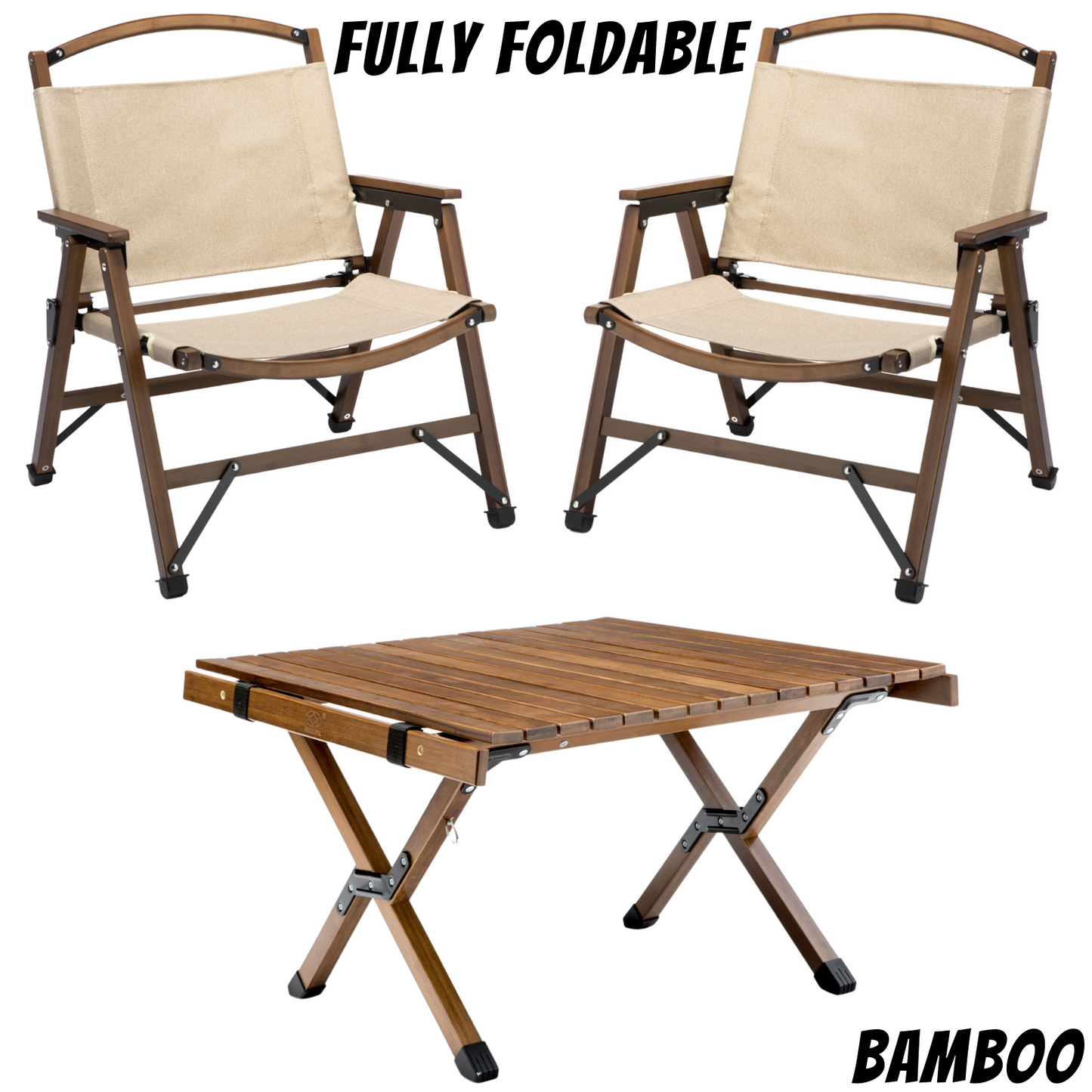 Bamboo & Canvas Foldable Camping Set - Table x 1 & Chairs x 2 - Waterproof
