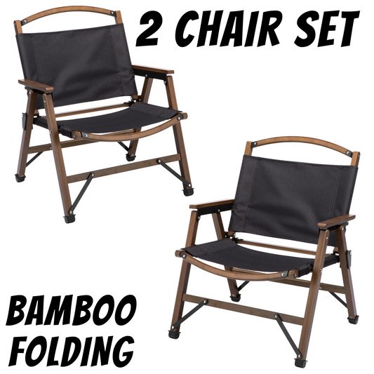 Bamboo Canvas Foldable Camping Chairs x 2 - Black