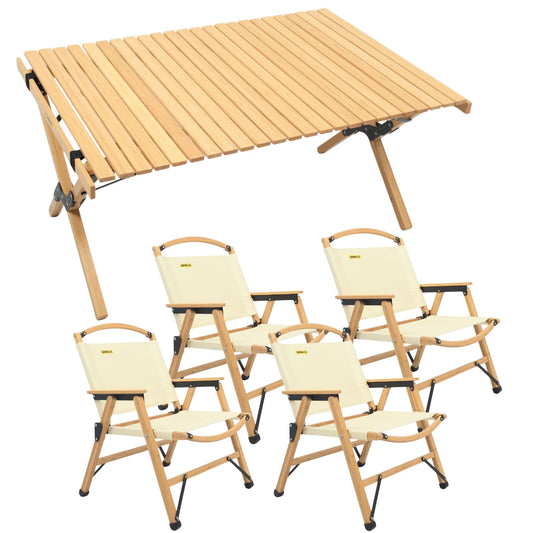 Bamboo & Canvas Camping Chairs & Rollup up table - Khaki/Beige