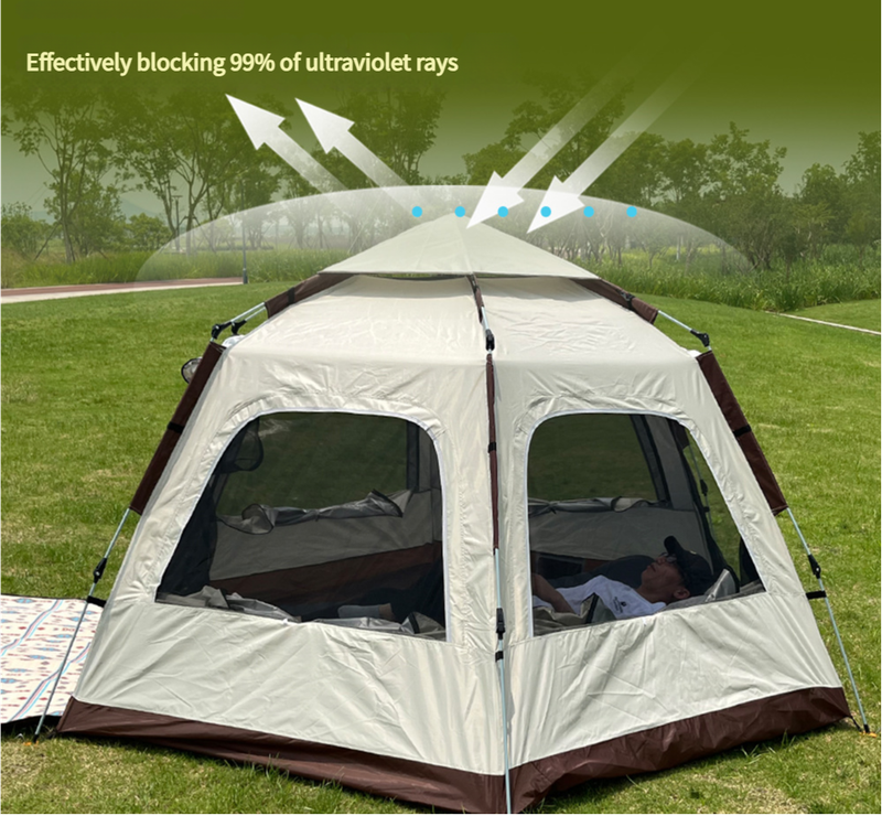 Hexagonal 5-8 Person Camping Tent - beige