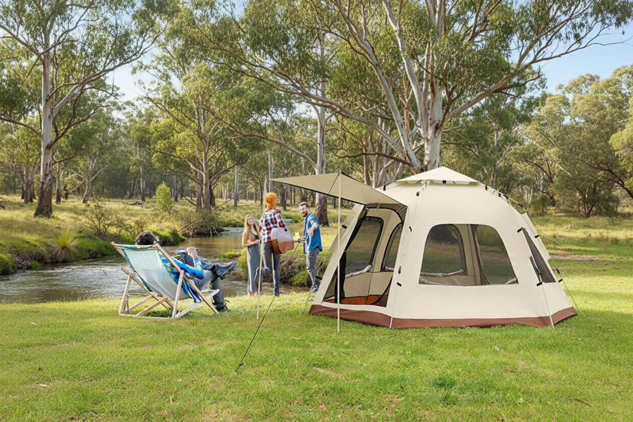 Hexagonal 5-8 Person Camping Tent - beige