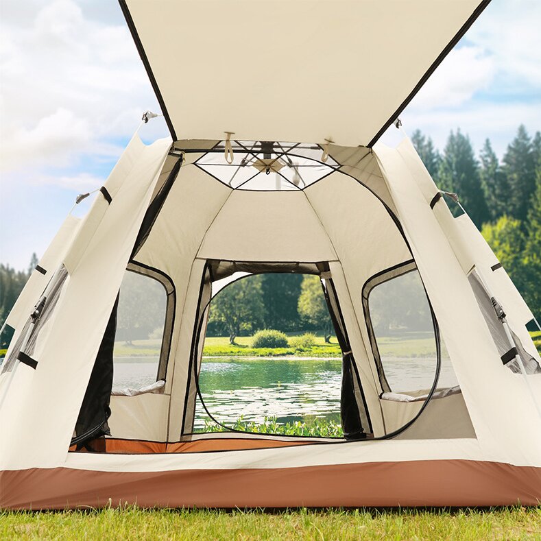 Hexagonal 5-8 Person Camping Tent - beige
