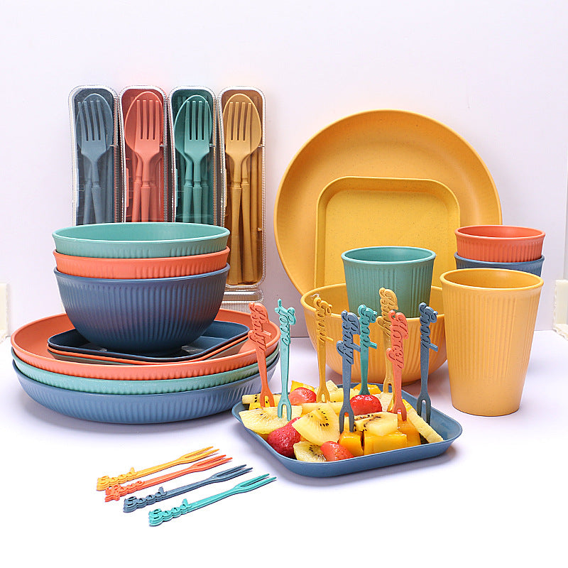 Eco-Friendly Wheat Straw Camping Tableware Set - multi colour