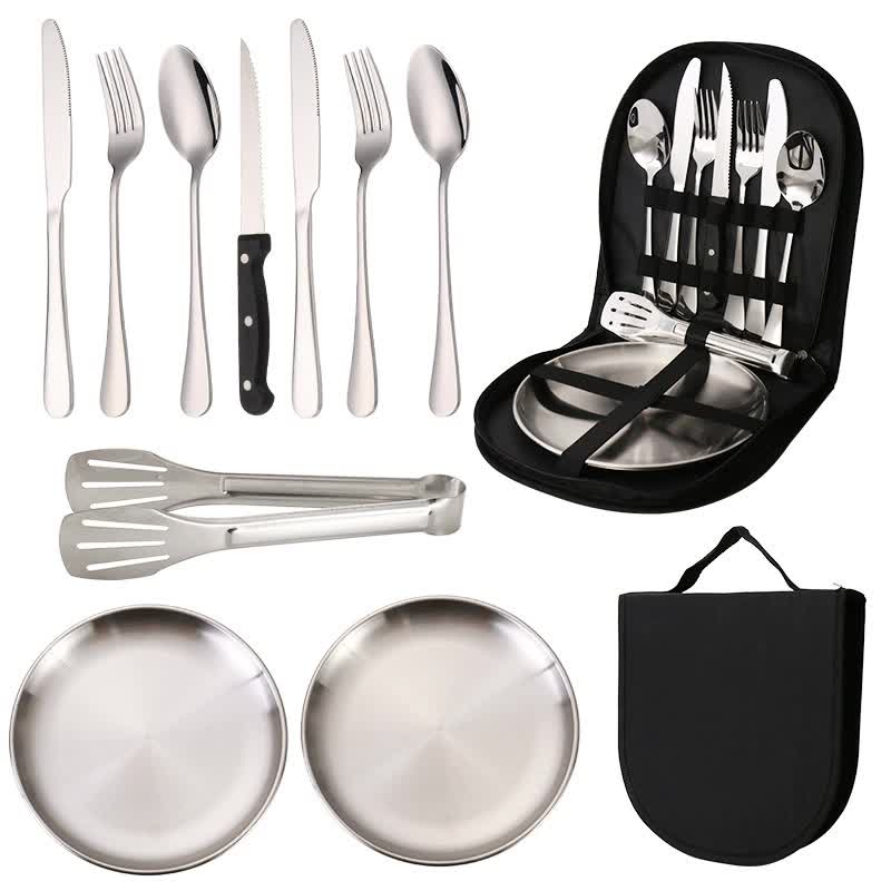 Stainless Steel Camping Cutlery Set w Plates & Bag