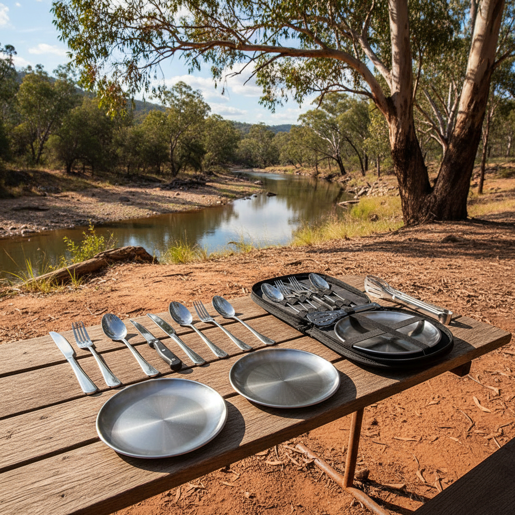 Stainless Steel Camping Cutlery Set w Plates & Bag