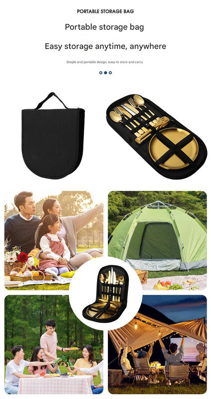 Stainless Steel Camping Cutlery Set w Plates & Bag