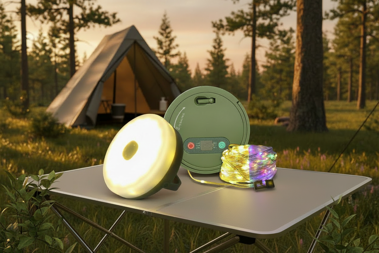 Rechargeable LED Camping Light with 10m Retractable String Light (Color lights + warm lights)