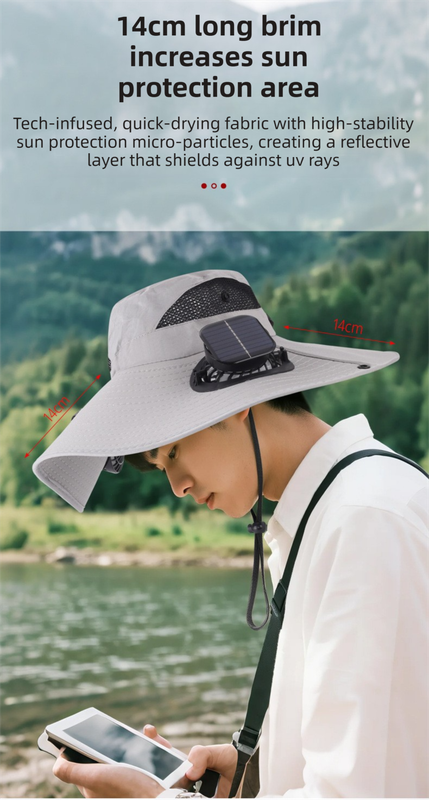 Camping Cooling Wide Brim Hat Turbo Fan - 14cm Khaki