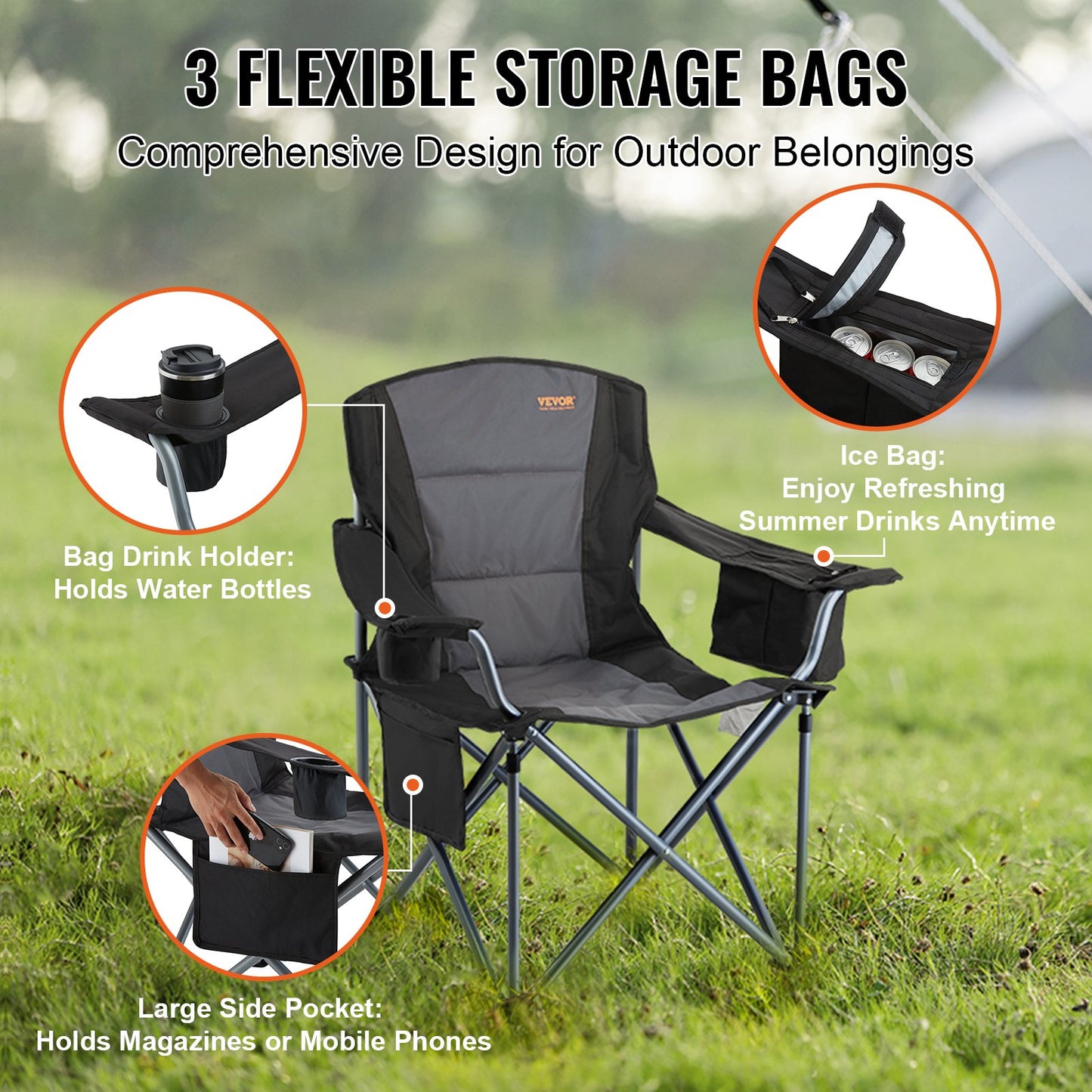 Camp Chair, Heavy Duty, Pockets, Cup Holder & Cooler Bag