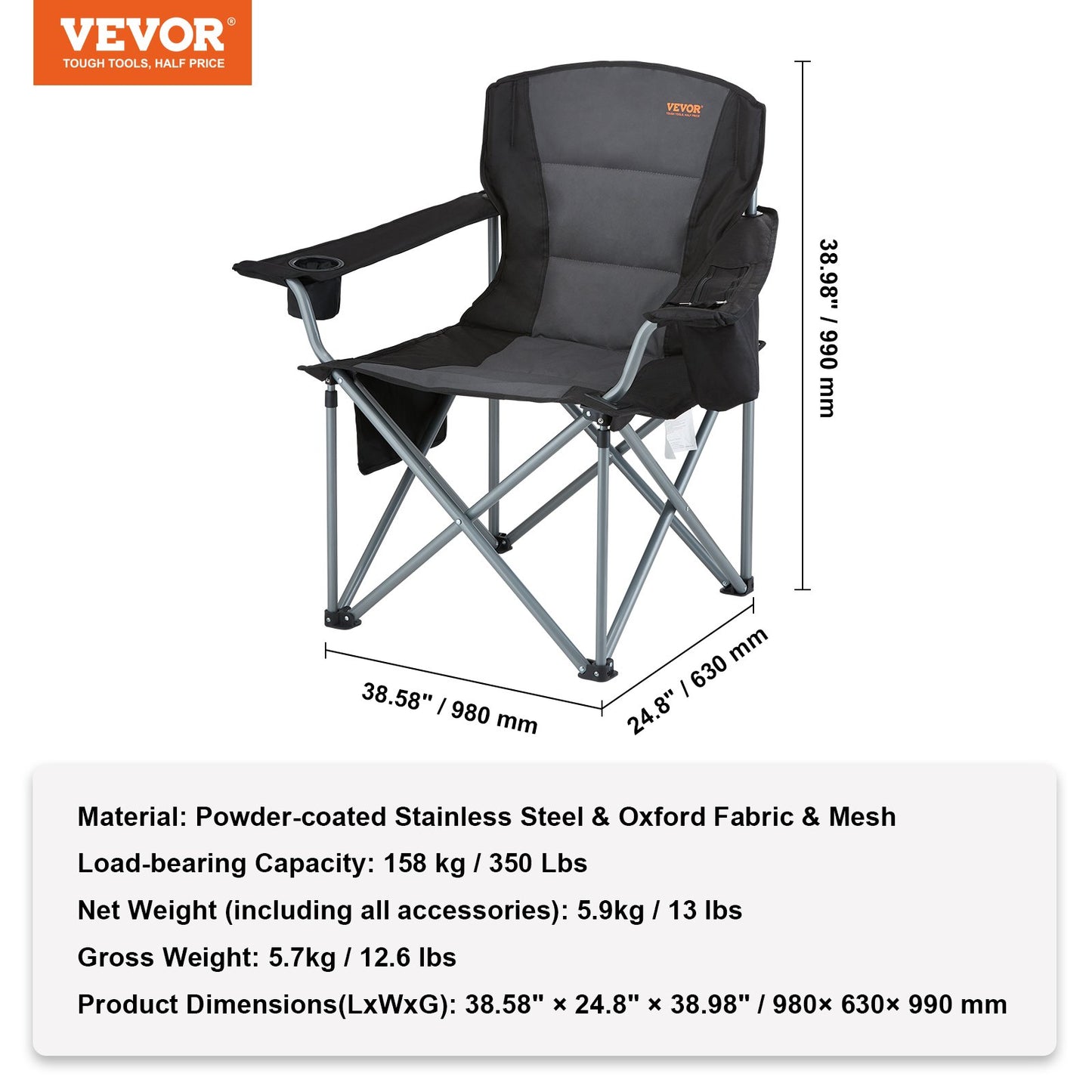Camp Chair, Heavy Duty, Pockets, Cup Holder & Cooler Bag
