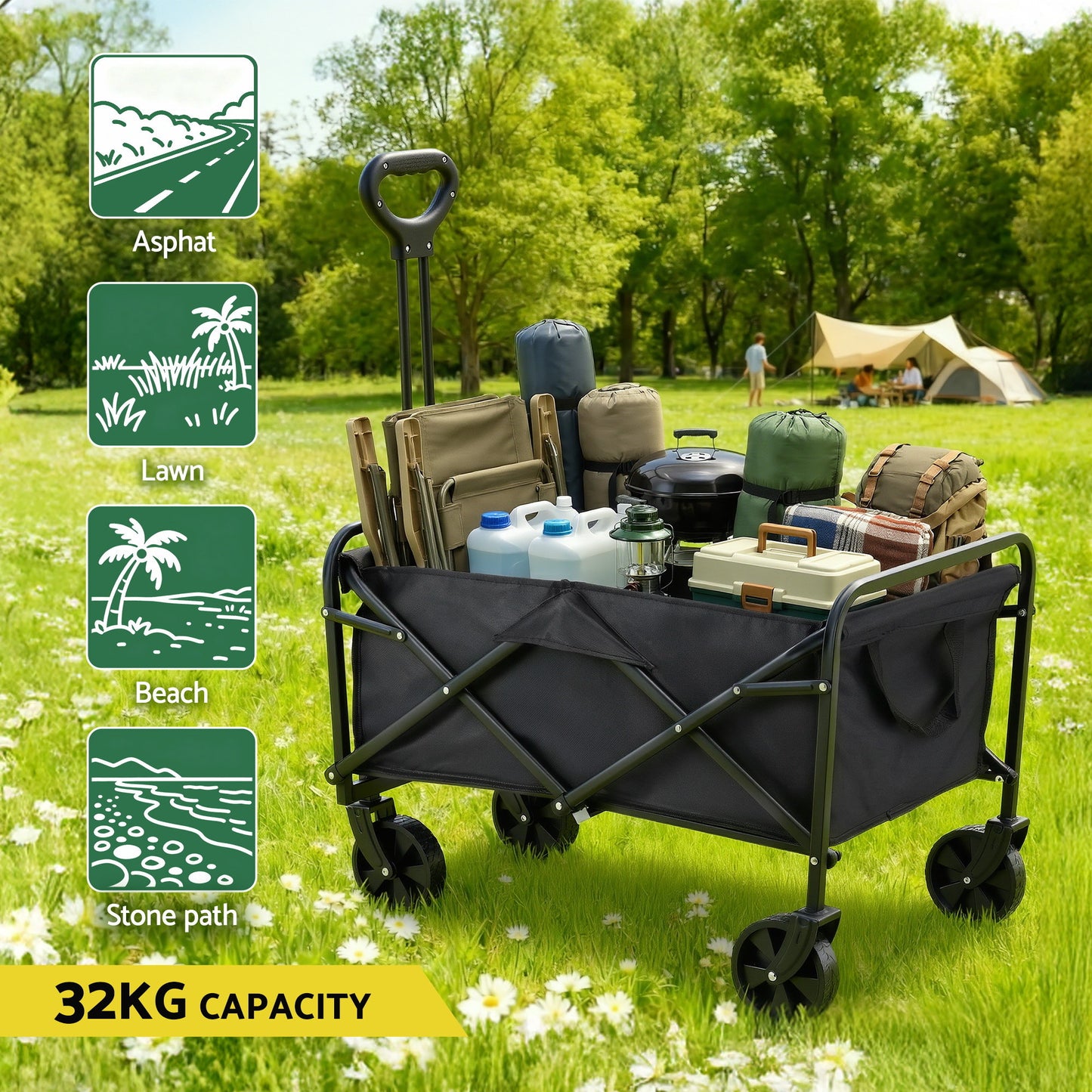 Folding wagon trolley for camping & festivals - black