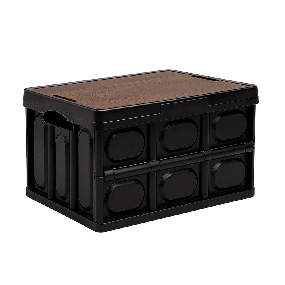 Folding Camping Storage Box 50L - Black & woodgrain