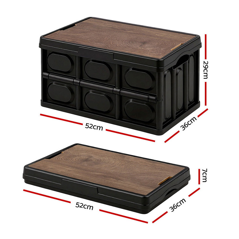 Folding Camping Storage Box 50L - Black & woodgrain