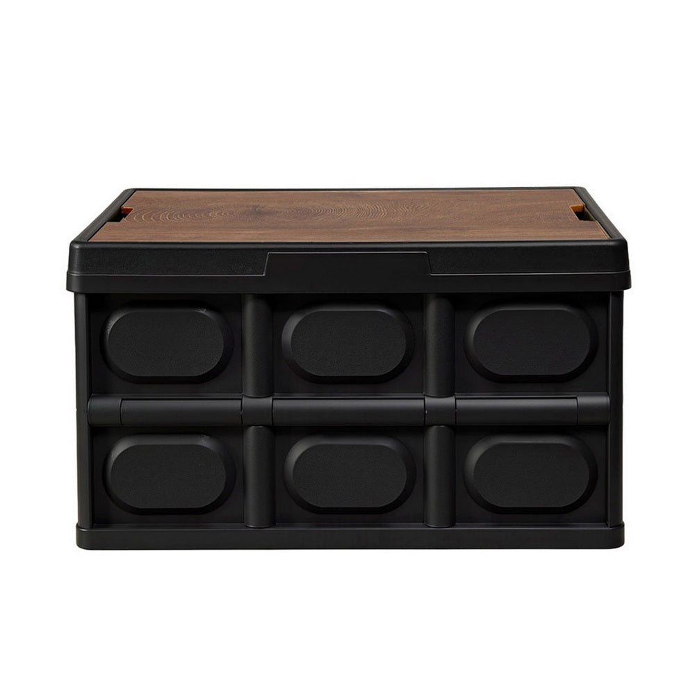 Folding Camping Storage Box 50L - Black & woodgrain