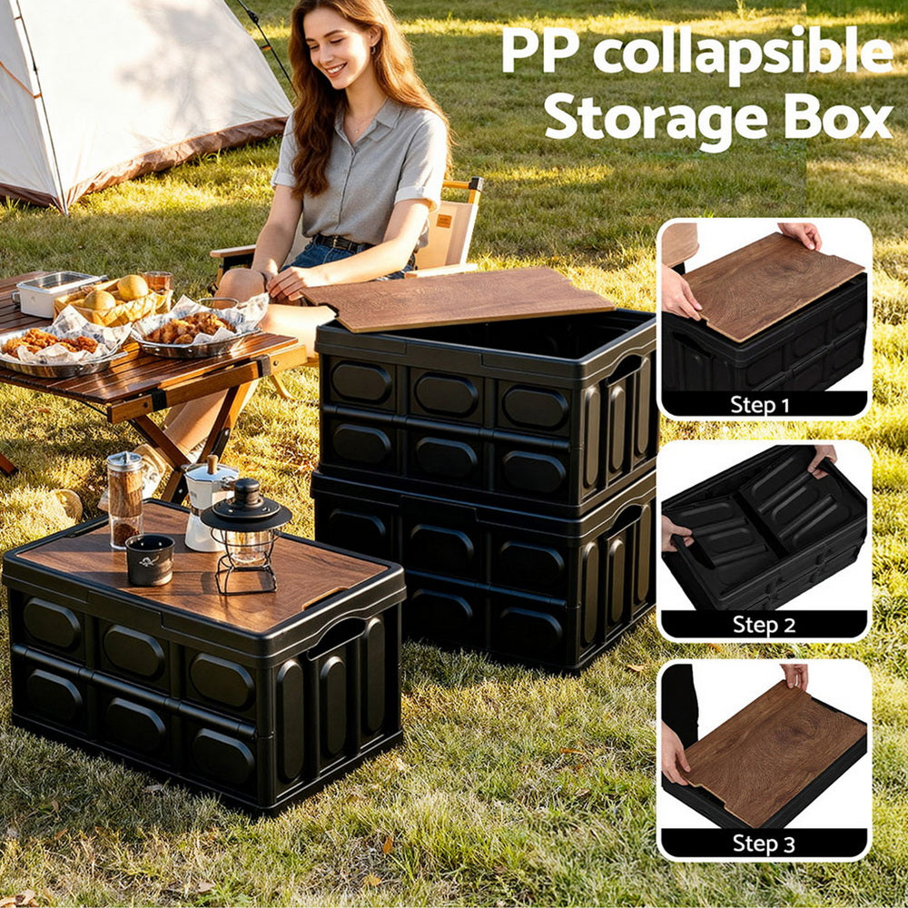 Folding Camping Storage Box 50L - Black & woodgrain