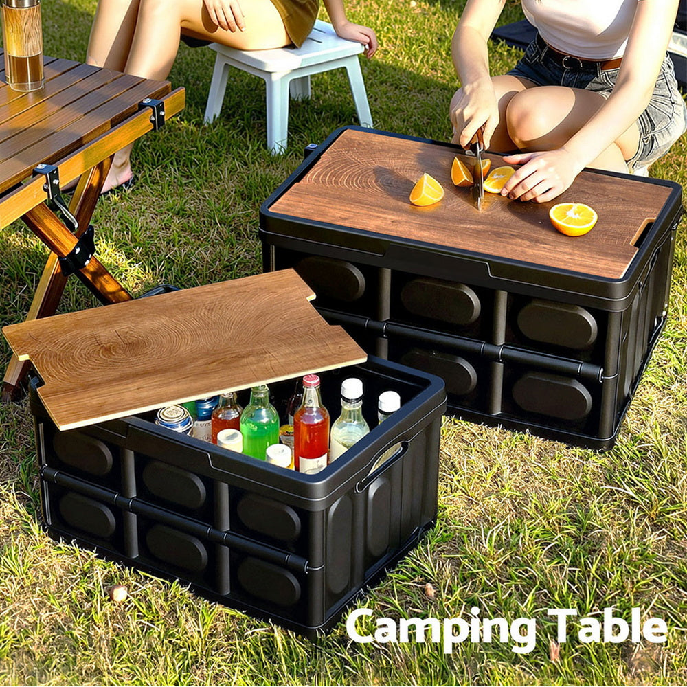 Folding Camping Storage Box 50L - Black & woodgrain